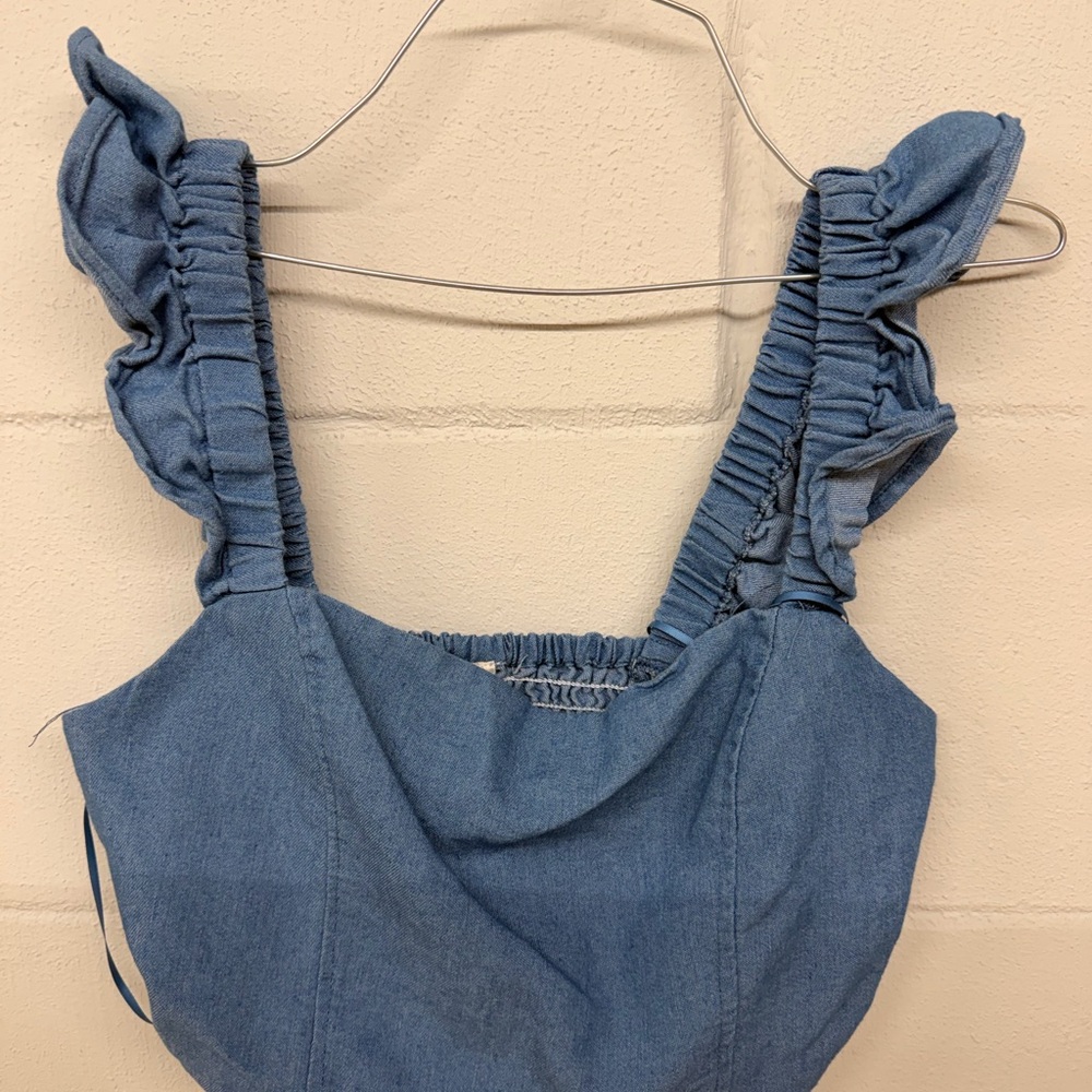 Ruffled Strap Blue Denim-Style Women's Crop Camisole